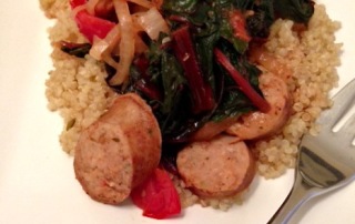 Spicy Chicken Sausage with Caramelized Onions and Chard